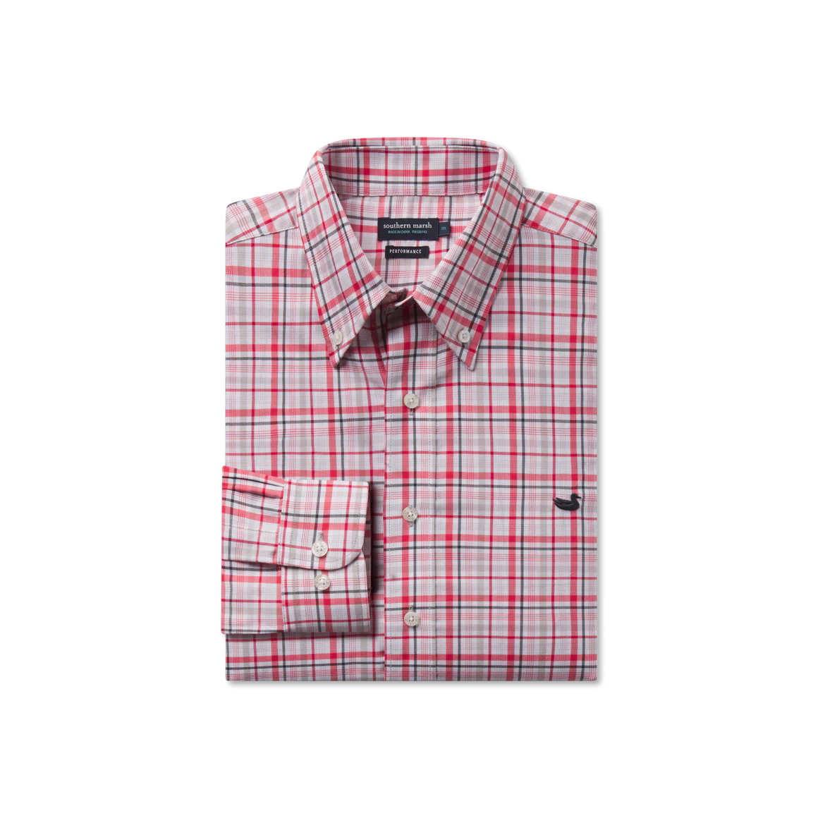 Southern Marsh Van Buren Performance Grid Dress Shirt - Crimson & Light Grey