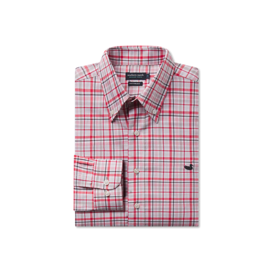 Southern Marsh Van Buren Performance Grid Dress Shirt - Crimson & Light Grey