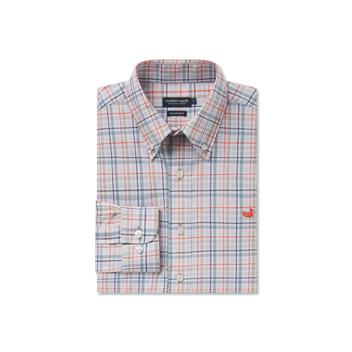 Southern Marsh Van Buren Performance Grid Dress Shirt - Navy & Burnt Orange