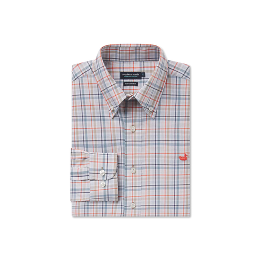 Southern Marsh Van Buren Performance Grid Dress Shirt - Navy & Burnt Orange