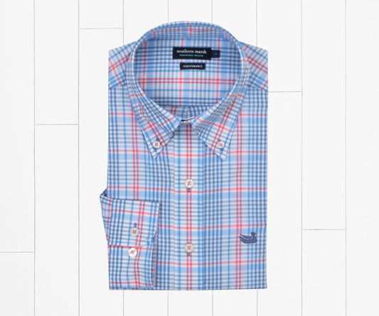 Shores Windowpane Performance Dress Shirt by Southern Marsh - Blue and Coral