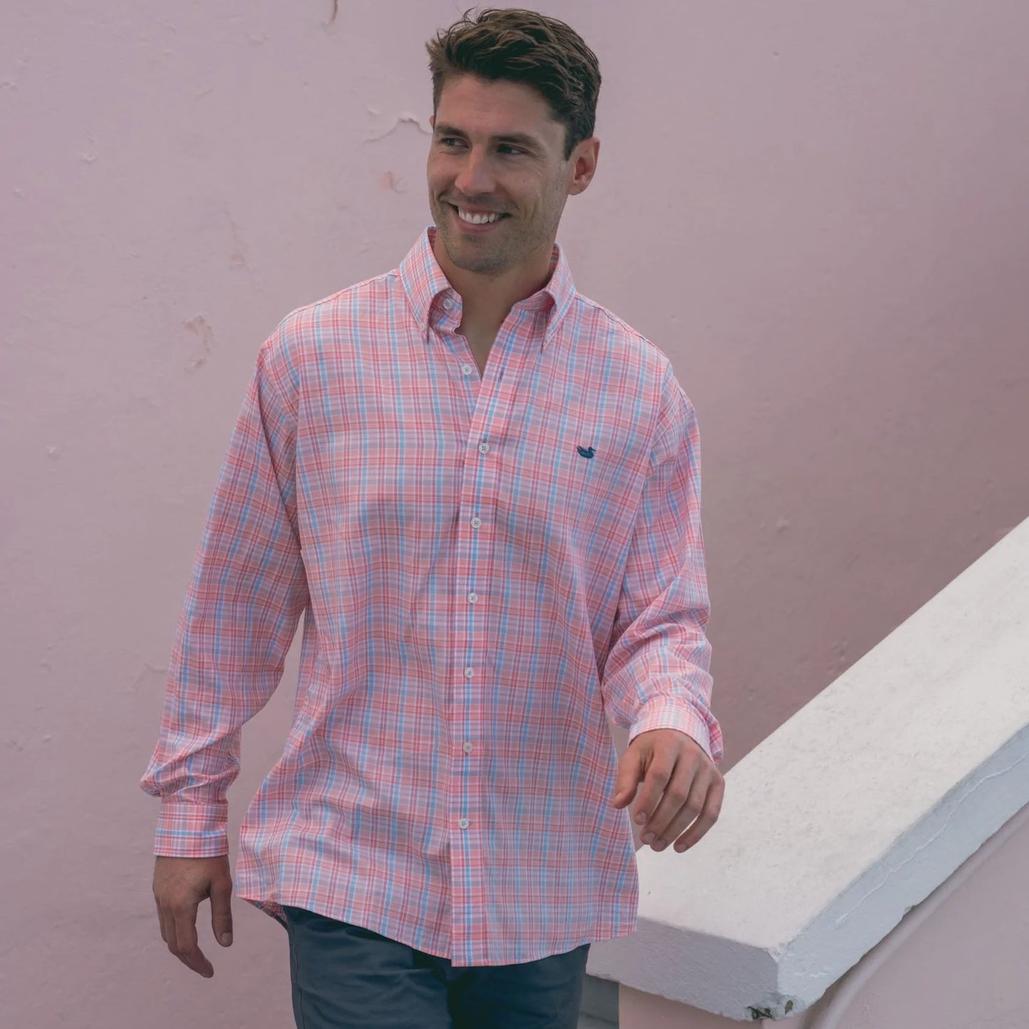 Hartsville Plaid Dress Shirt by Southern Marsh - Coral & Light Blue