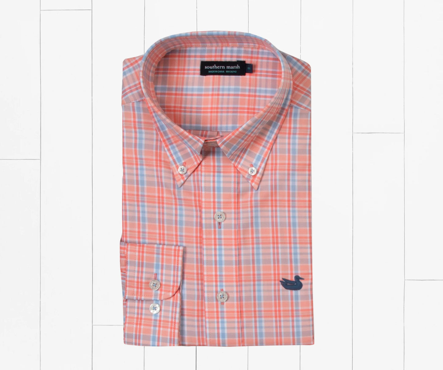 Hartsville Plaid Dress Shirt by Southern Marsh - Coral & Light Blue