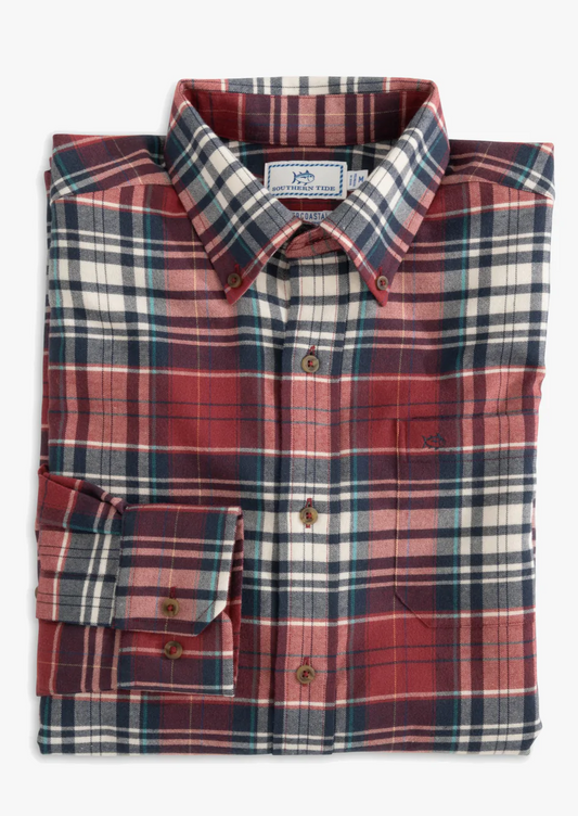 Southern Tide Glades Plaid Flannel Intercoastal Performance Sport Shirt - Dark Red