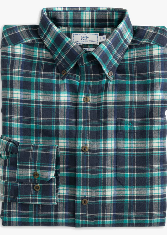 Southern Tide Tahoma Plaid Flannel Intercoastal Performance Sport Shirt - True Navy